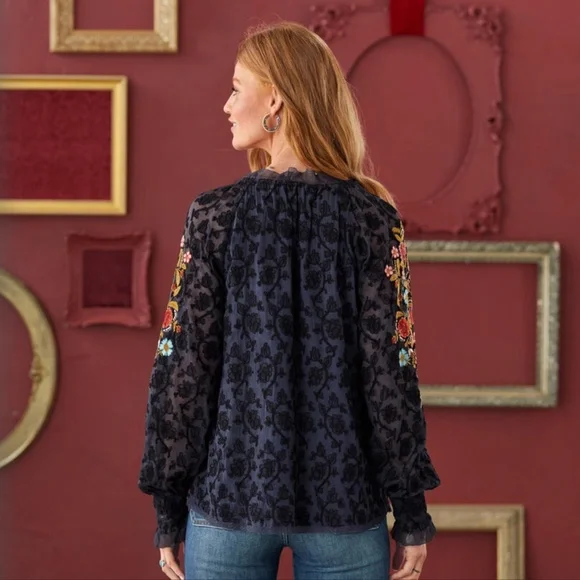 Sundance size XXL Gemma Elegance top long sleeve embroidered navy boho NEW - Picture 15 of 16